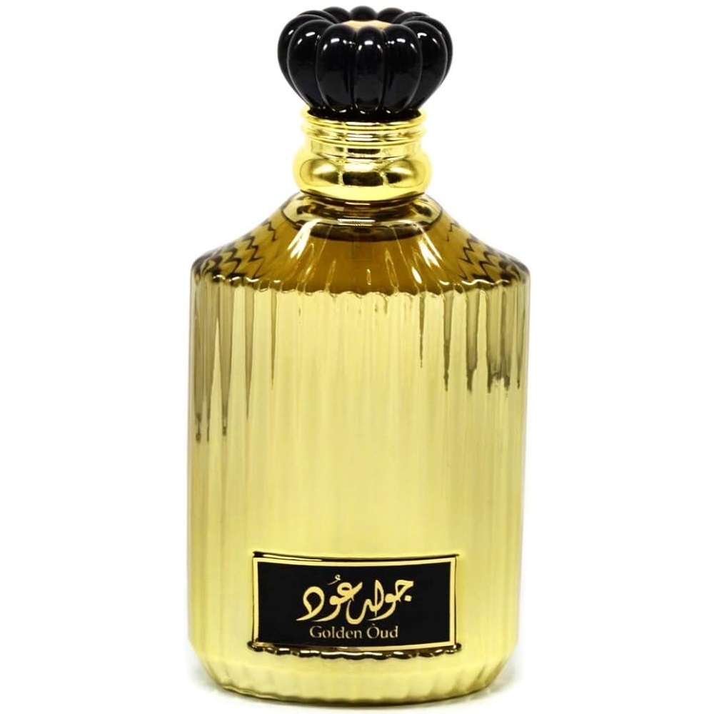 Frasco de perfume amarelo com tampa preta e rótulo 'Golden Oud'