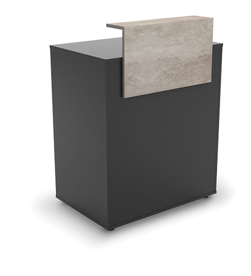 Móvel receção preto com tampo cinza claro textura cimento