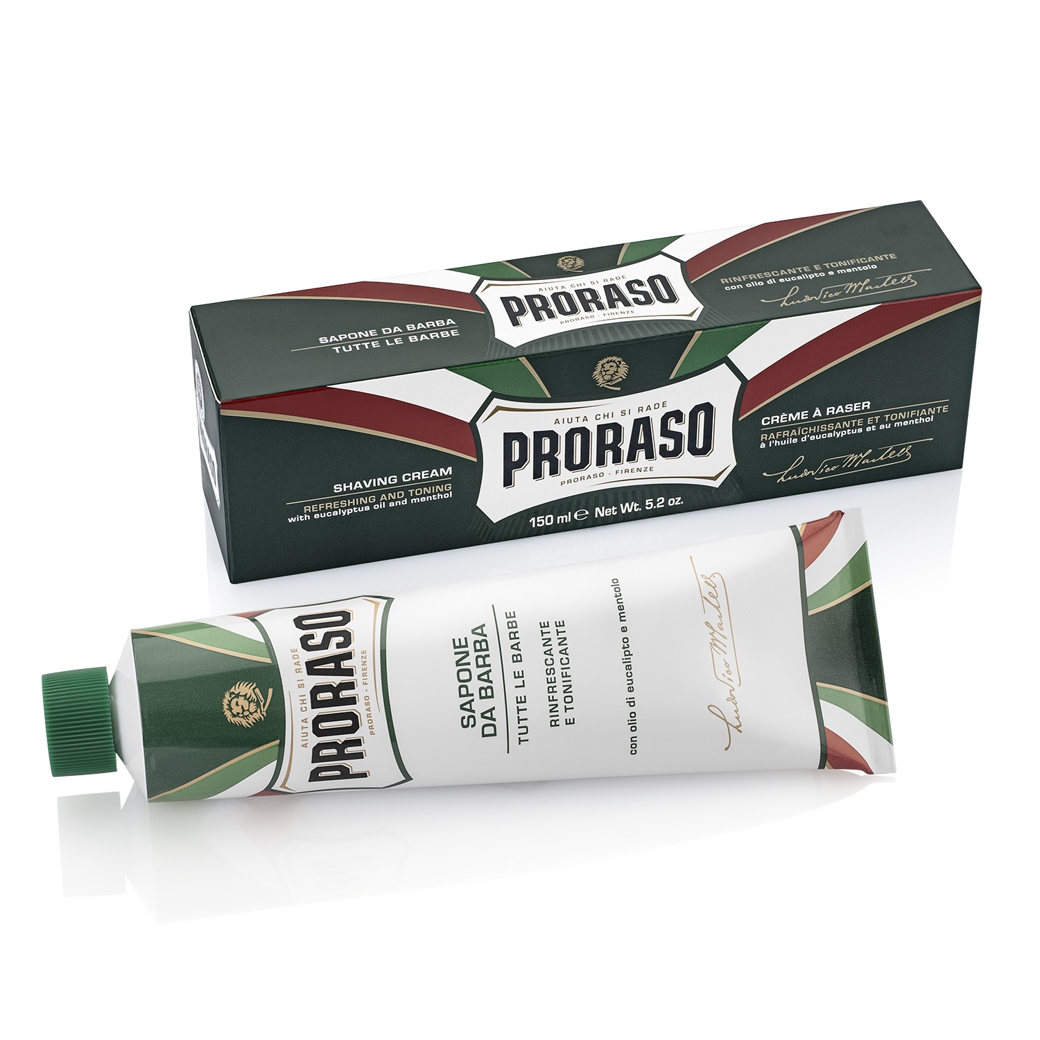 Creme de barbear Proraso em tubo branco e embalagem com as cores da bandeira italiana