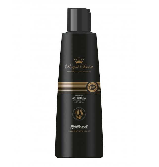 Frasco preto de champô anticaduta Royal Secret de 250ml com detalhes dourados.