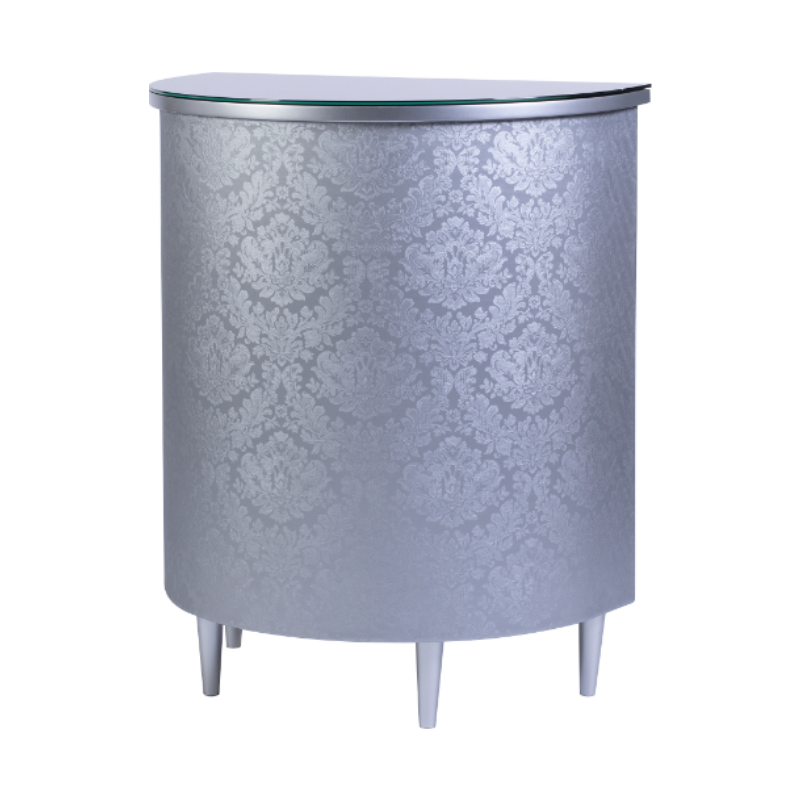 Móvel bar redondo cinza com padrão floral e tampa de vidro