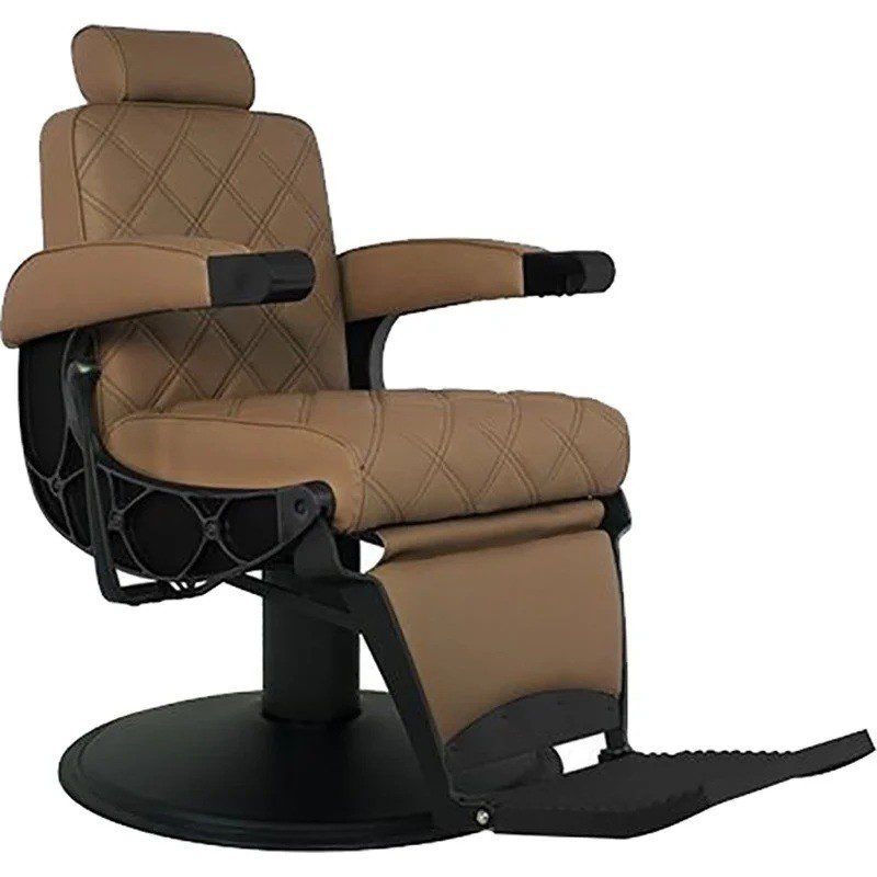 Cadeira de barbearia castanha em pele sintética com estrutura preta e apoio para pés