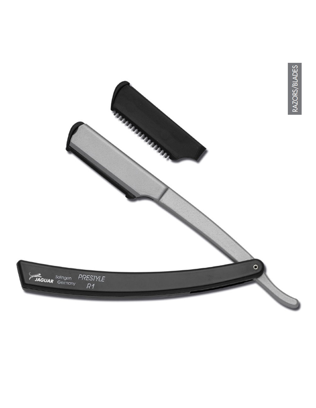 Navalha de barbear preta e cinzenta com capa de proteção.