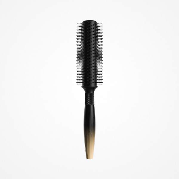 Escova de cabelo redonda preta com cabo preto e castanho claro