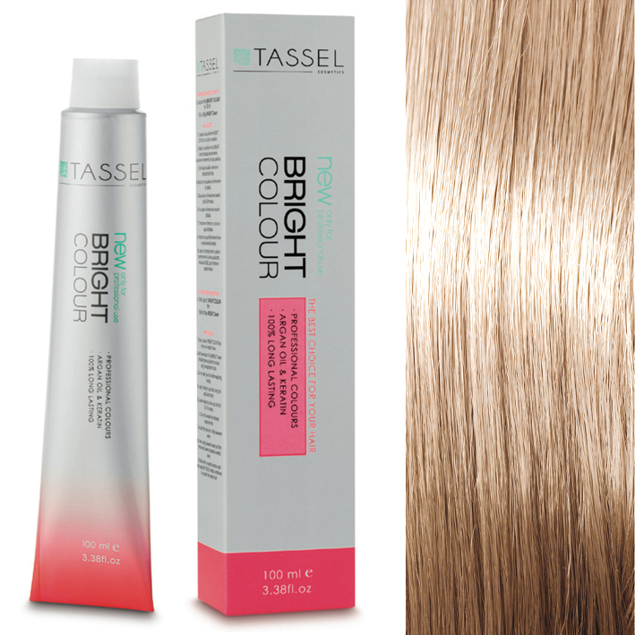 Tubo e caixa de tinta para cabelo TASSEL Bright Colour com amostra de cabelo loiro claro.