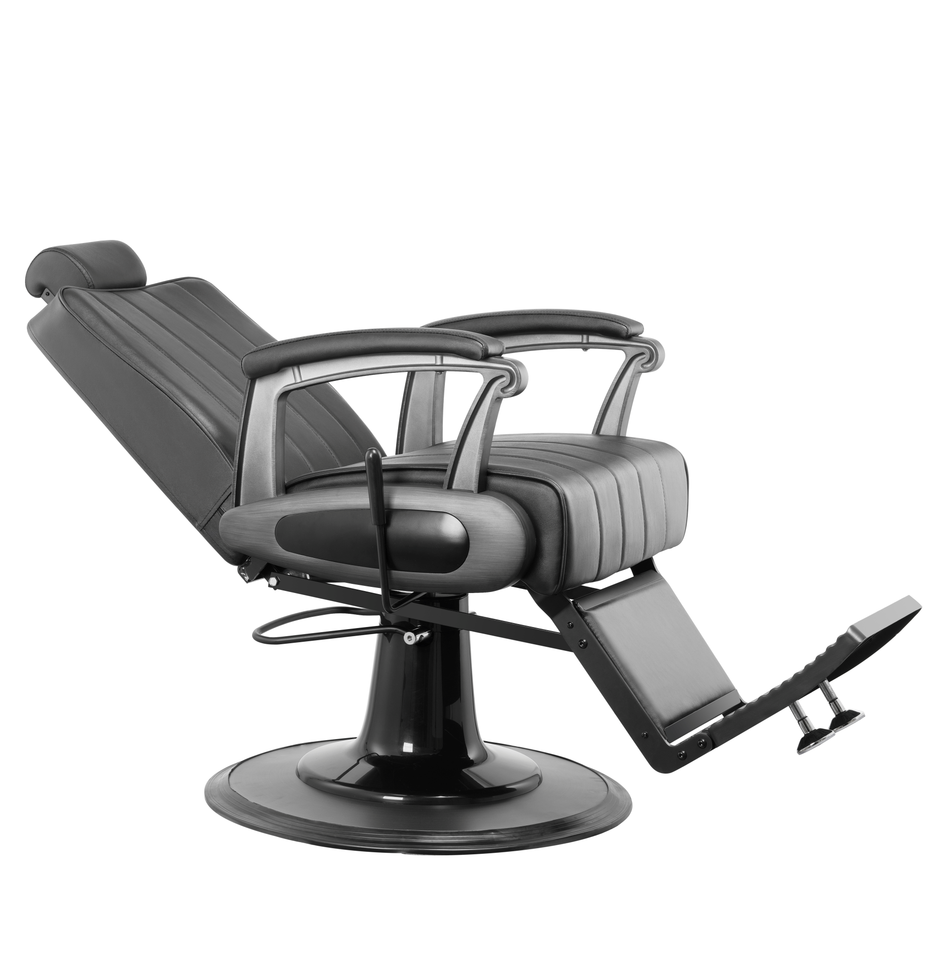 Cadeira reclinável de barbeiro em couro preto e metal