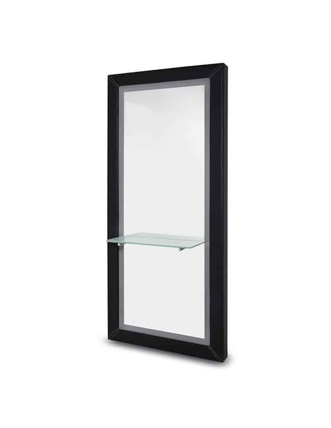 Espelho de parede com moldura preta e prateleira de vidro