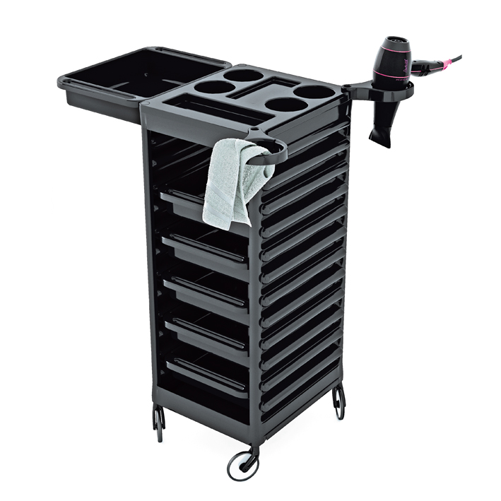Carrinho organizador preto com gavetas, rodas, suporte para secador de cabelo e pano branco