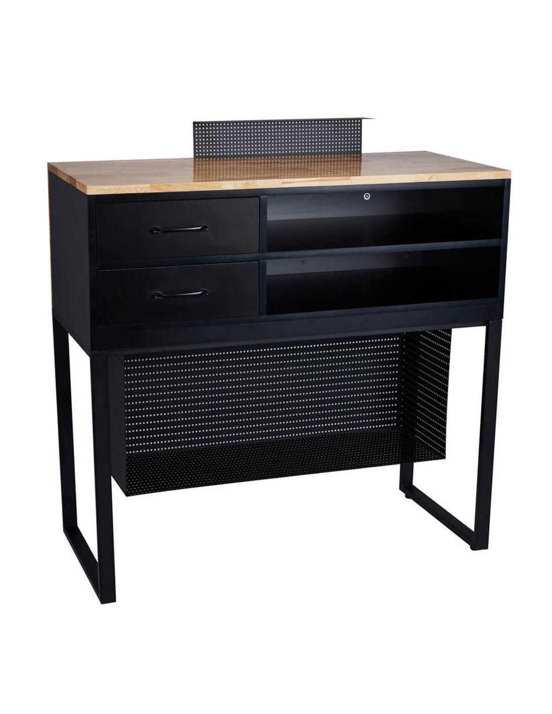 Secretária metálica preta com tampo em madeira clara e gavetas