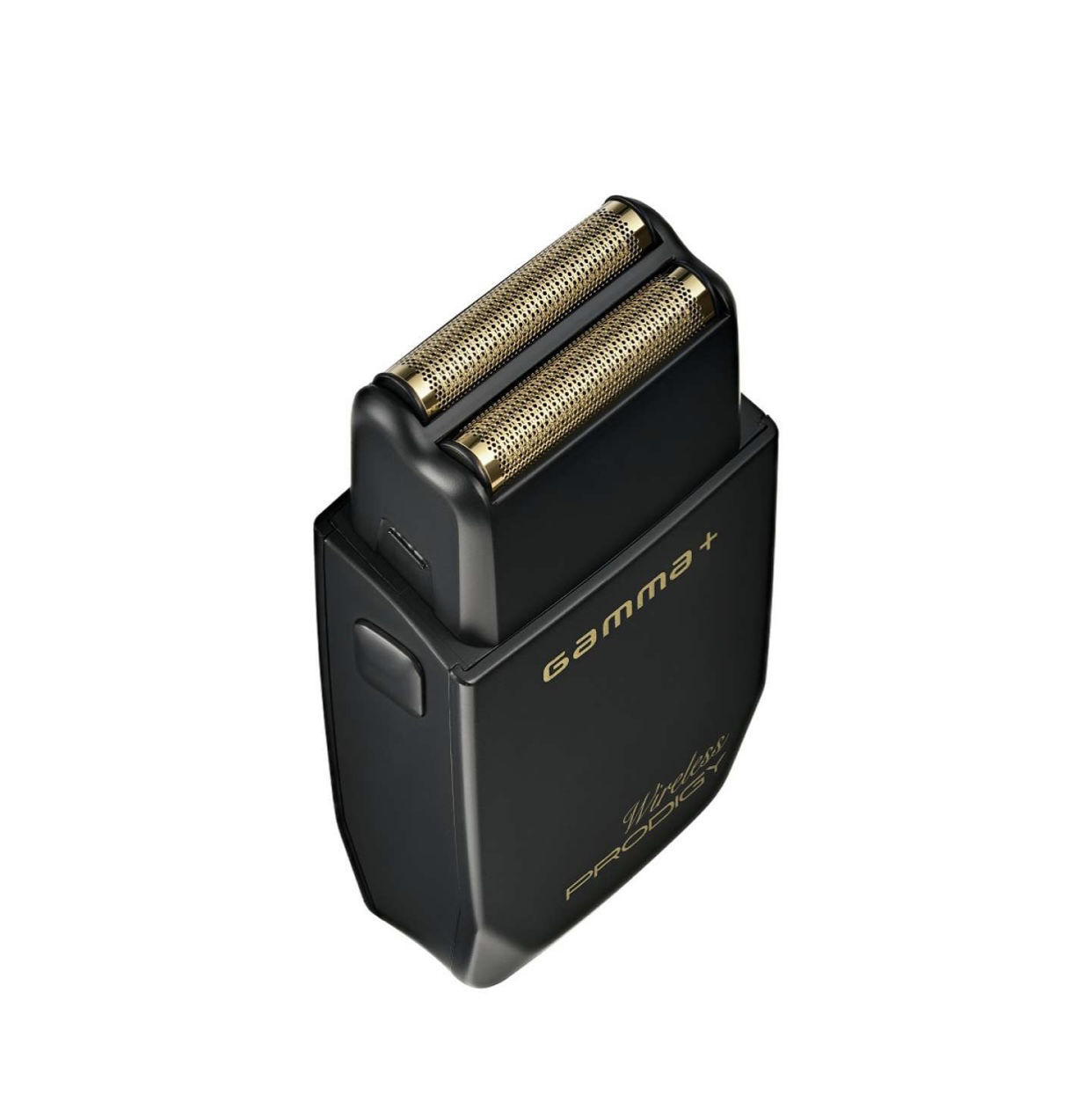 Aparelho de barbear elétrico preto com lâminas douradas e etiquetas em dourado