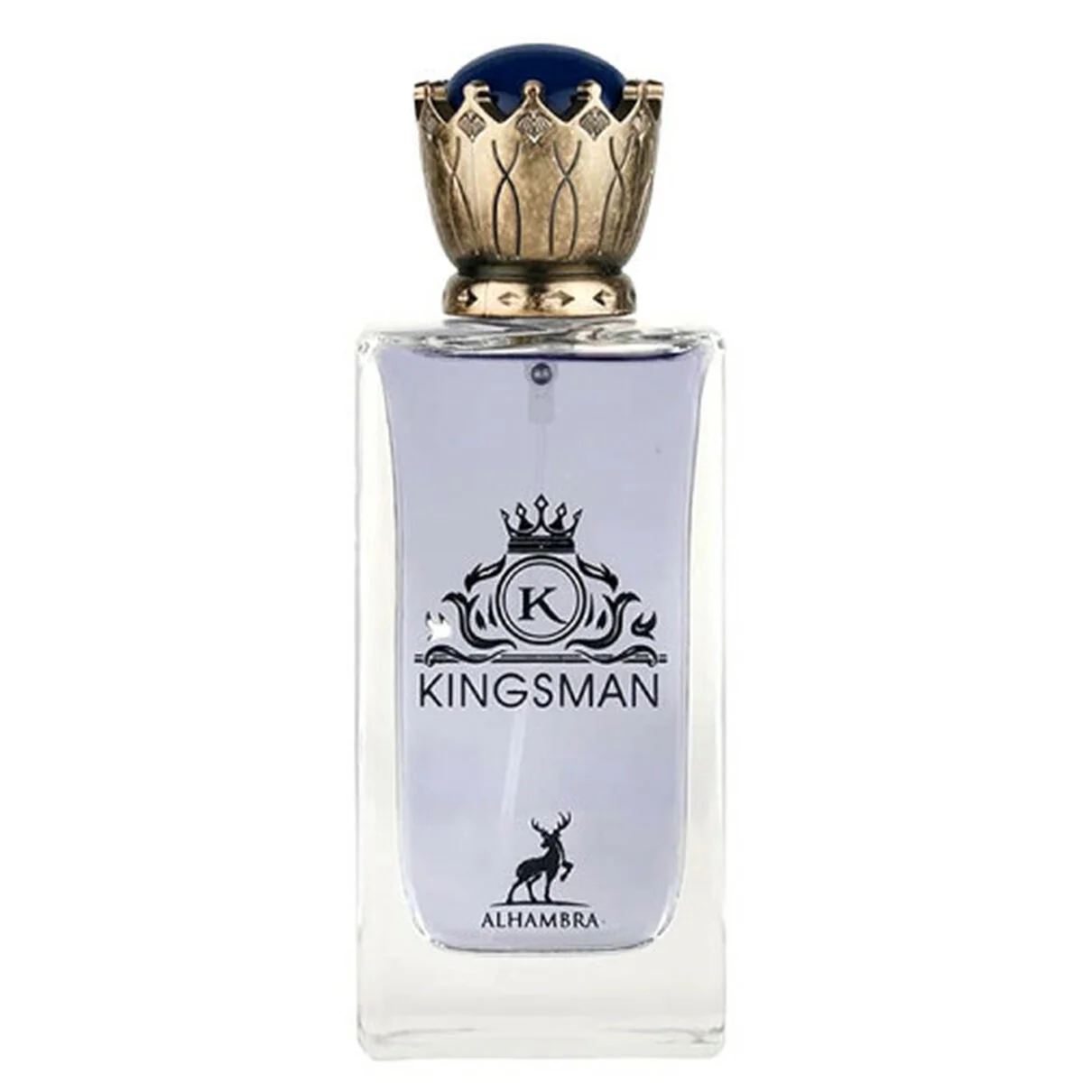 Frasco de perfume Kingsman com tampa dourada e esfera azul