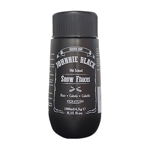 Frasco preto com texto branco para produto cabelo JOHNNIE BLACK Snow Flakes
