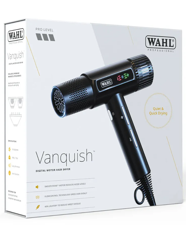 Secador de cabelo Wahl Vanquish preto na embalagem branca.