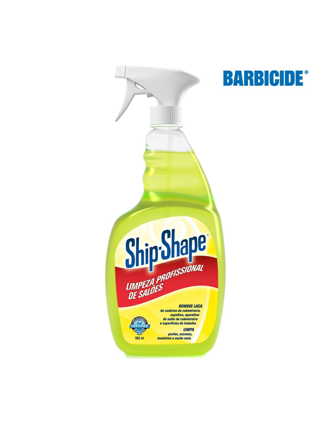Frasco de limpeza Ship Shape com pulverizador branco e líquido amarelo esverdeado