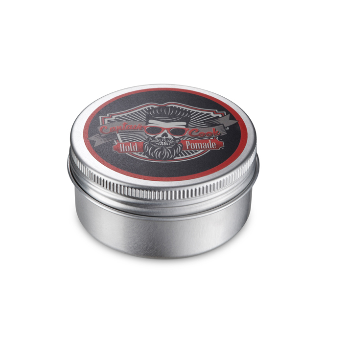 Pote metálico com tampa decorada com crânio e texto Gentleman Cook Hold Pomade