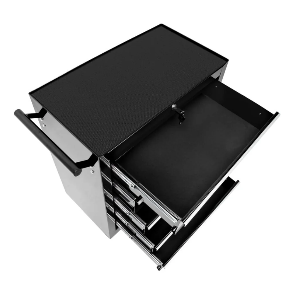 Armário de ferramentas metálico preto com gavetas abertas e punho lateral