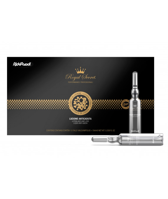 Embalagem preta com ampolas transparentes de solução anticaduta Royal Secret