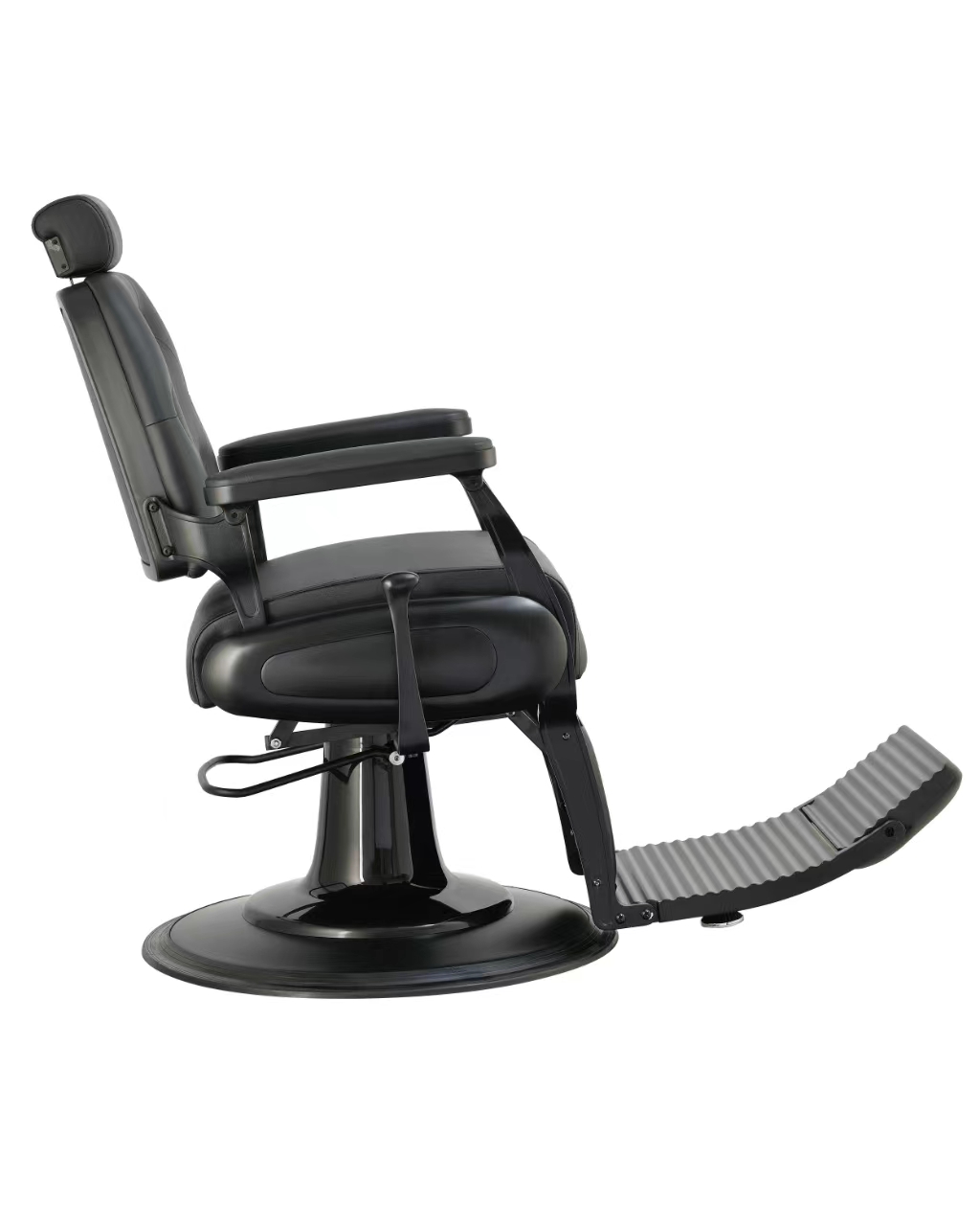 Cadeira de barbeiro preta com apoio para pernas e cabeça