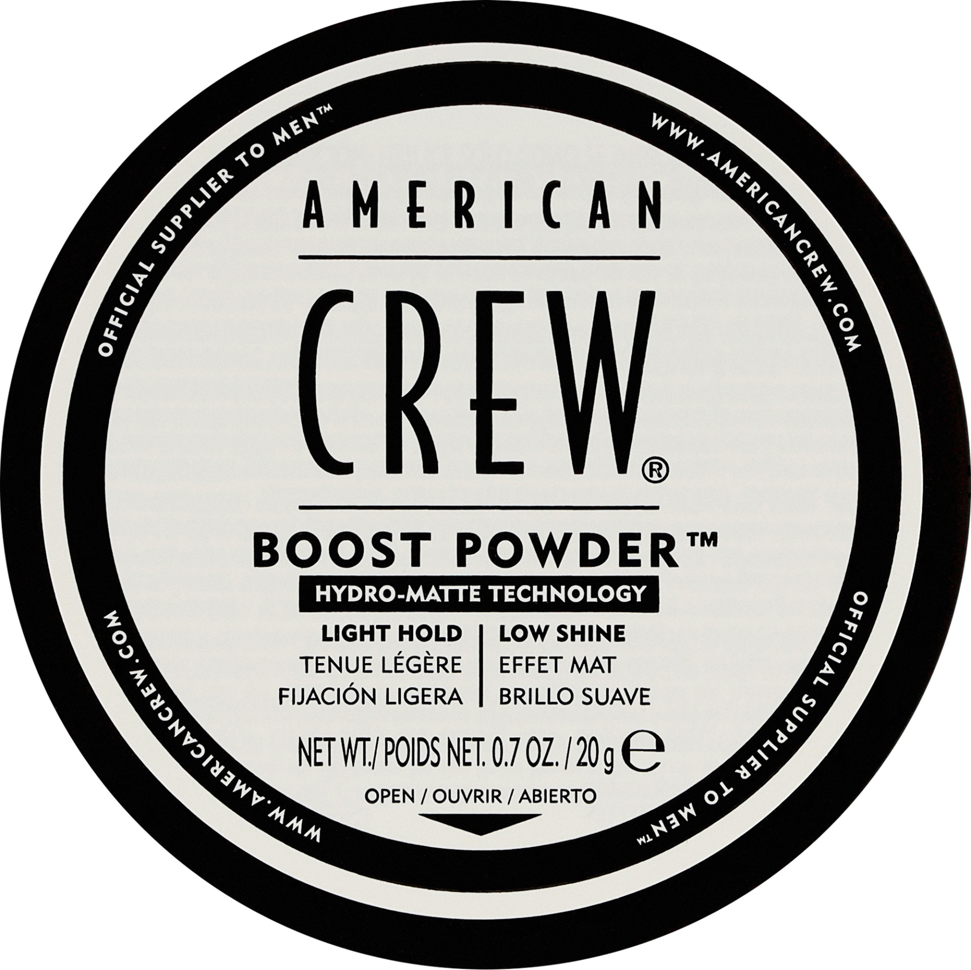 Tampa de embalagem redonda do pó American Crew Boost Powder com texto em preto sobre fundo branco e borda preta.