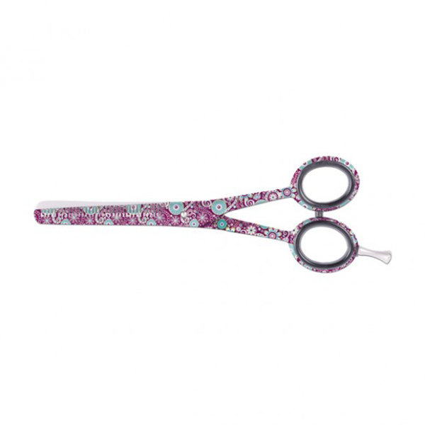tesoura de cabelo decorativa com padrão em roxo e azul