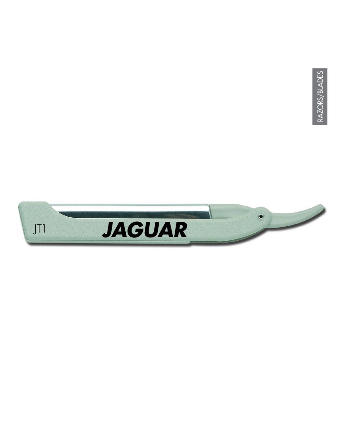 Navalha de barbear cinzenta com lâmina e inscrições JTI e JAGUAR