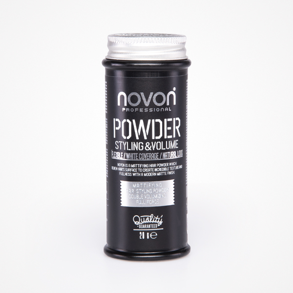 Frasco preto de pó para cabelo Novon Professional com tampa prateada