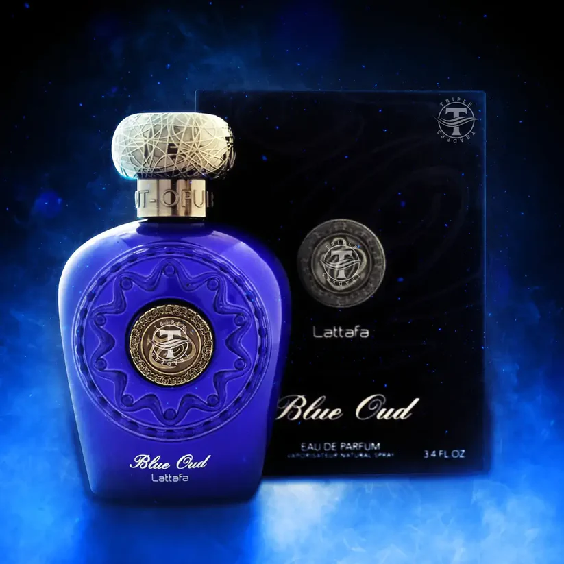 Frasco de perfume Blue Oud Lattafa azul e embalagem preta