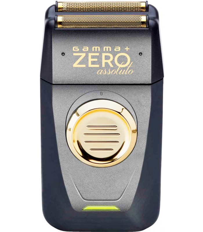 Aparelho de barbear elétrico preto e dourado com lâminas e texto Gamma Zero