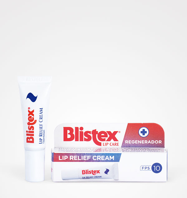 Creme para alívio dos lábios Blistex Lip Relief Cream e embalagens de cartão com texto e logótipos