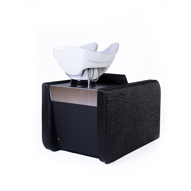 Móvel para lavagem de cabelo com cuba branca e estrutura preta