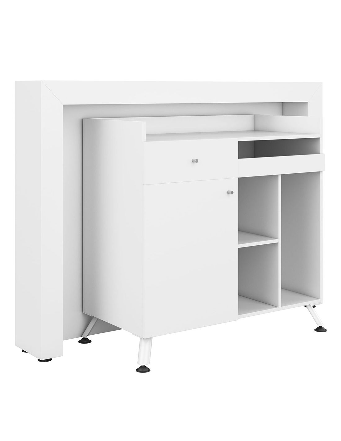 Móvel branco com compartimentos fechados e abertos, pernas metálicas