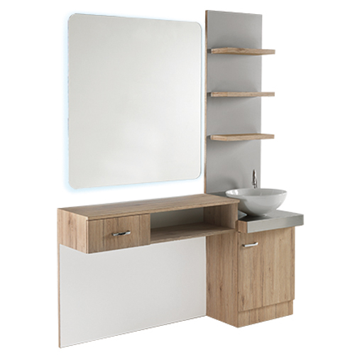 Móvel de casa de banho moderno com espelho iluminado, lavatório branco e prateleiras