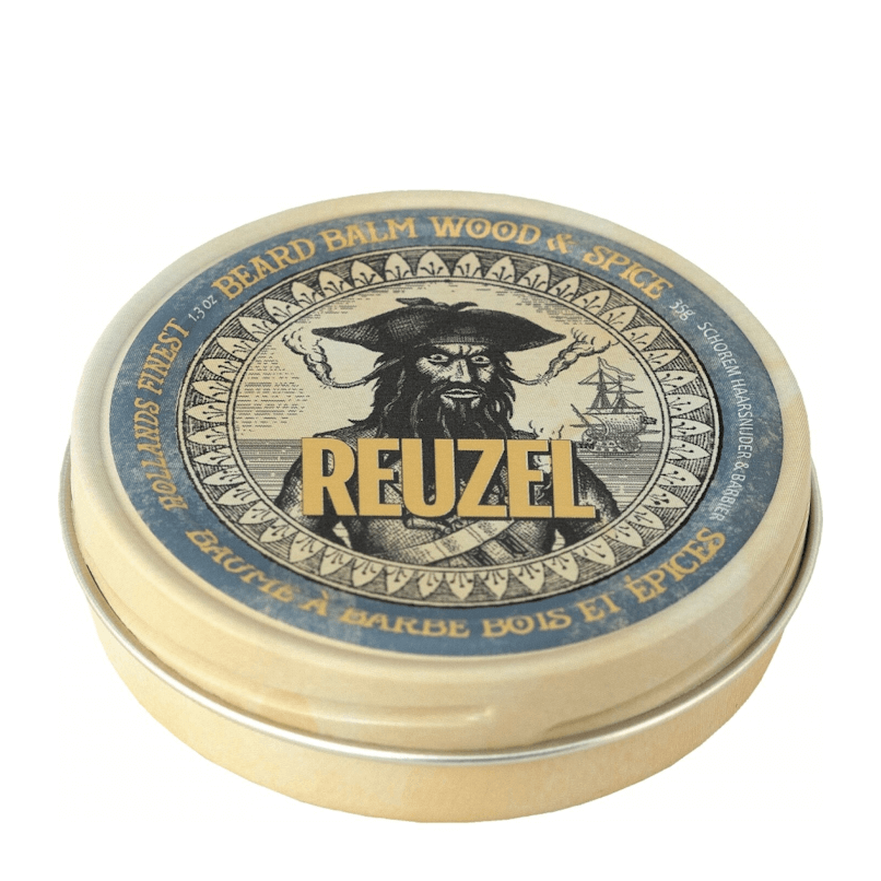 Lata metálica redonda com tampa decorada do Reuzel Beard Balm Wood & Spice