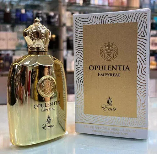 Frasco dourado de perfume Opulentia Empyreal ao lado da embalagem