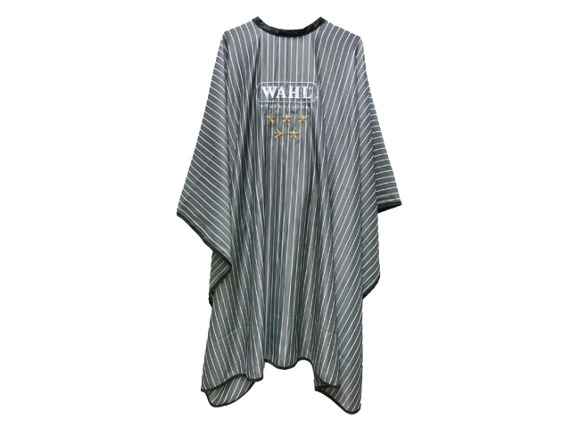 Capa de corte de cabelo cinza com riscas brancas e texto WAHL com estrelas douradas