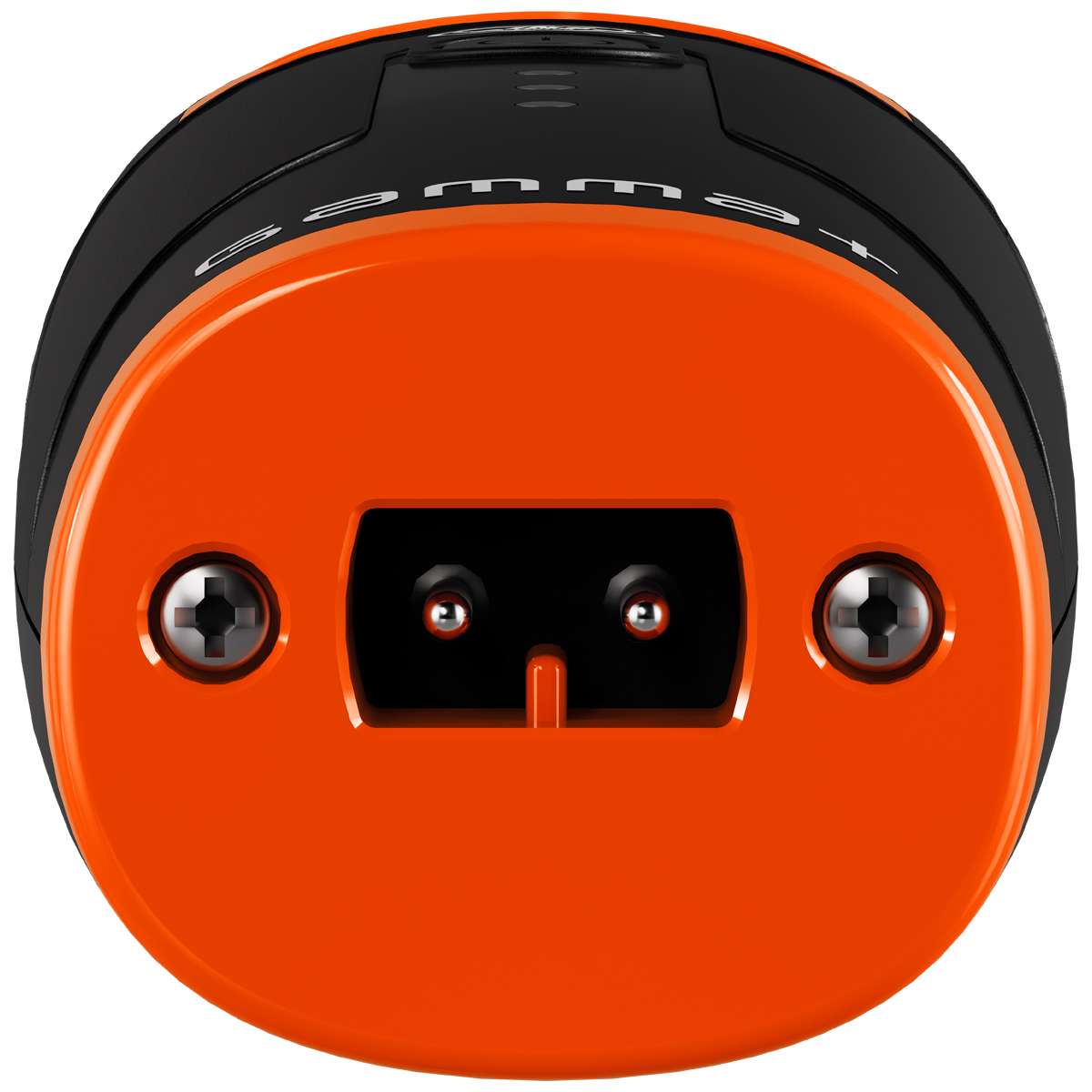 Conetor elétrico preto com acabamento laranja e parafusos visíveis