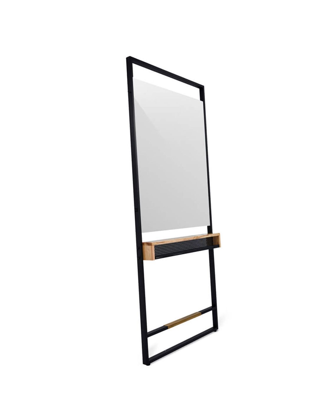 Espelho vertical com moldura preta e prateleira de madeira
