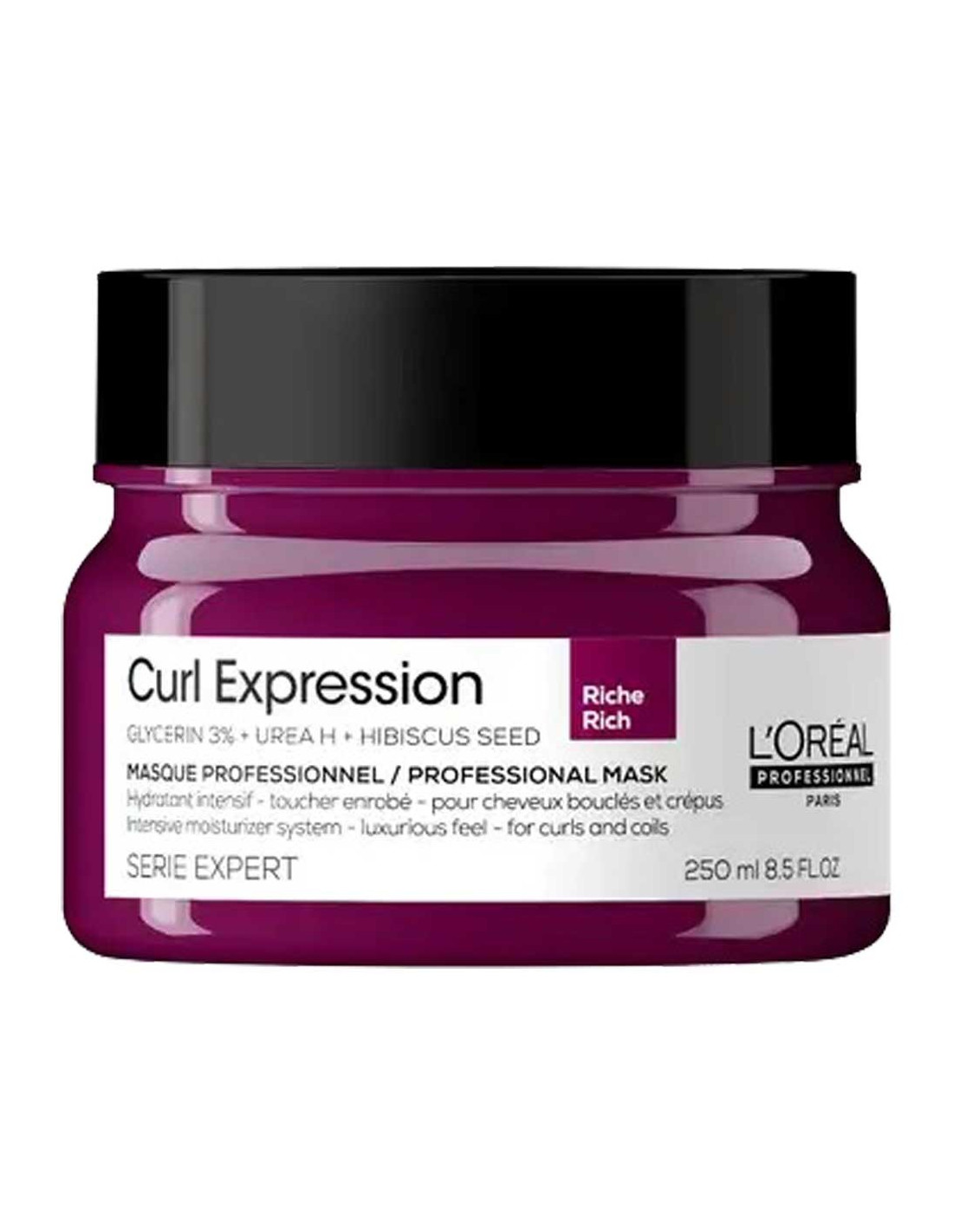 Pote roxo de máscara profissional Curl Expression da L'Oréal com tampa preta