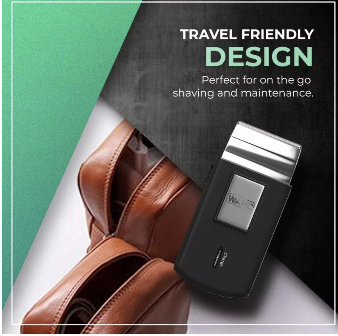 Máquina de barbear elétrica preta e sapatos de couro castanhos sobre fundo colorido com texto