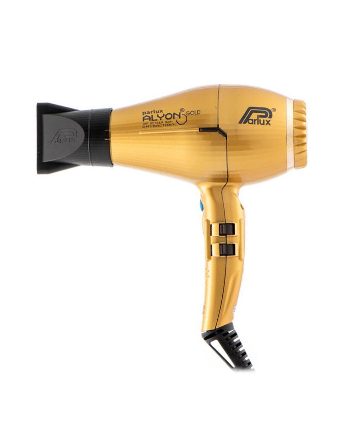 Secador de cabelo dourado e preto da marca Parlux com texto visível