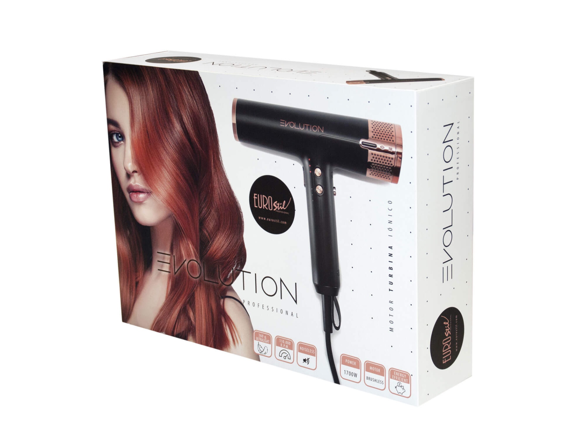 Embalagem de secador de cabelo preto com detalhes em cobre da marca EUROSet Evolution com imagem de mulher ruiva