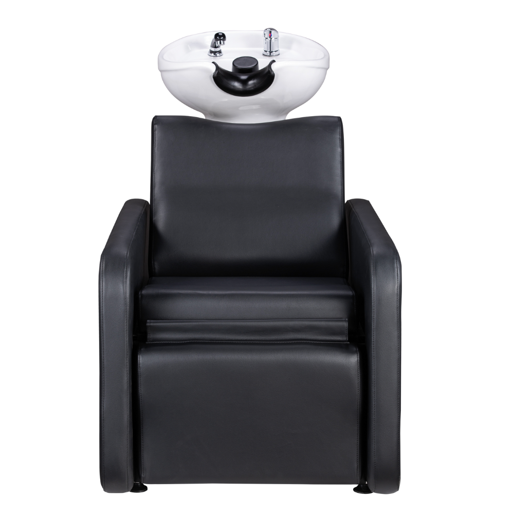 Cadeira preta de cabeleireiro com lavatório branco