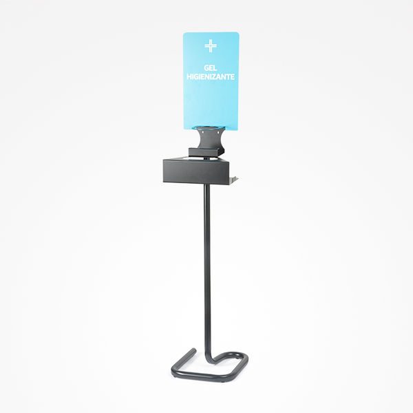 Dispenser de gel higienizante com suporte e painel azul com texto