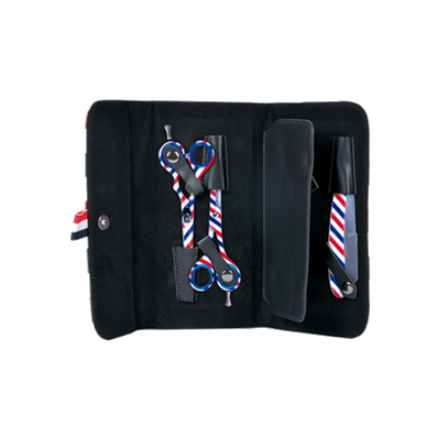 Conjunto tesouras e navalha para barbearia em estojo preto com padrão azul, branco e vermelho