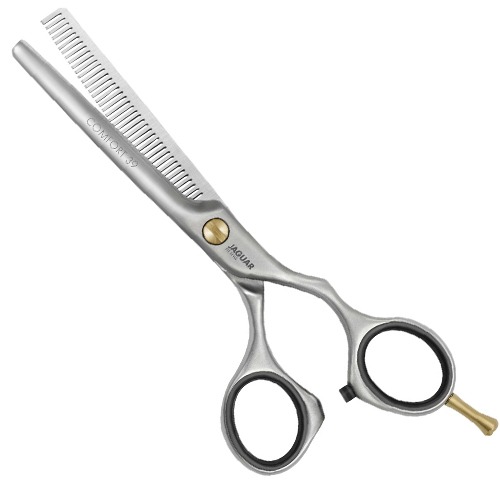 Tesoura de desbaste para cabelo metálica prateada com texto e detalhes dourados