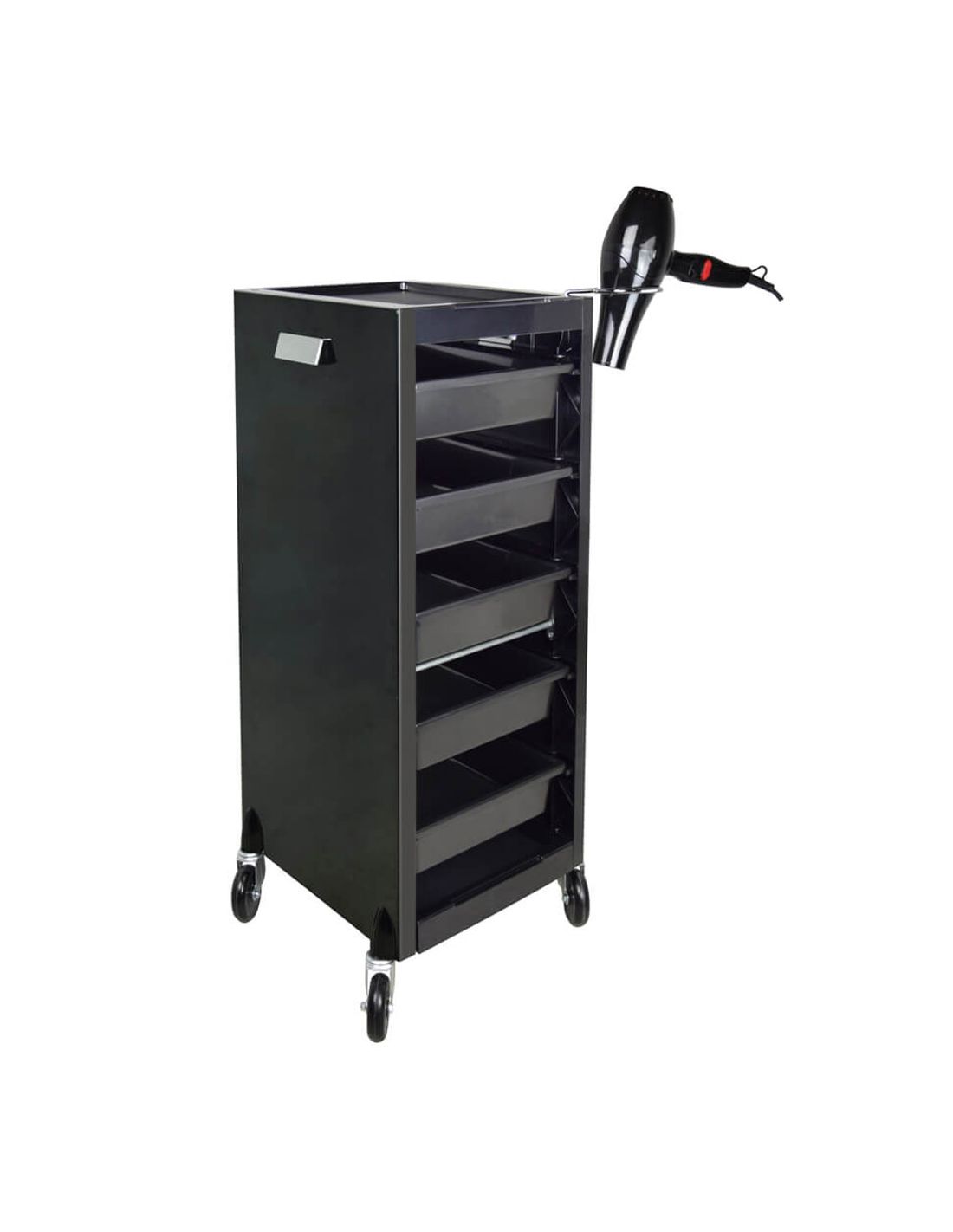 Carrinho organizador preto com gavetas e secador de cabelo