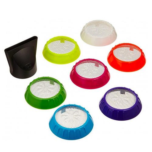 Peneiras circulares coloridas com rede metálica