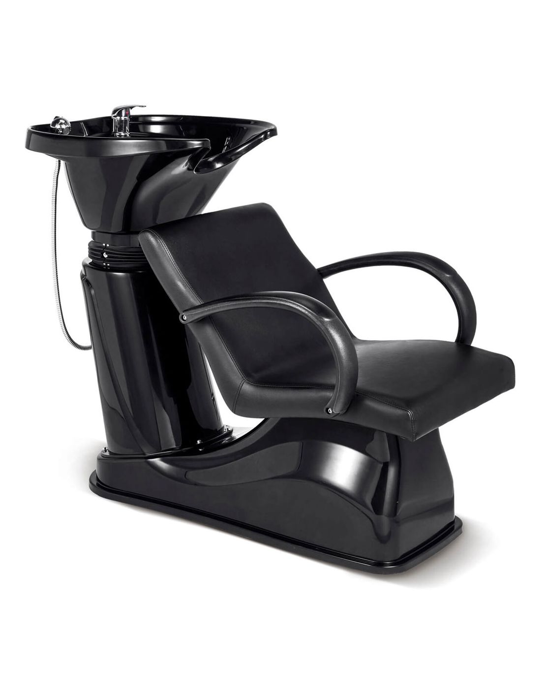 Lavacabeças preto com cadeira acolchoada em fundo branco