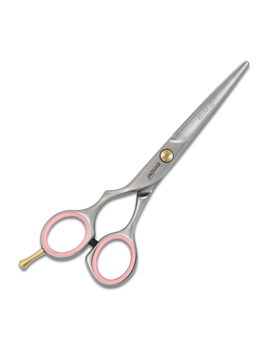 Tesoura de cabeleireiro prateada com punhos rosa e apoio de dedo dourado