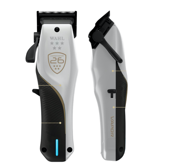 Máquina de cortar cabelo WAHL Limited Edition 26 branca e preta com detalhes dourados